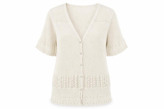 Front view of Gollehaug Women Beige Knit Short Sleeve V-Neck Blouse, size 16