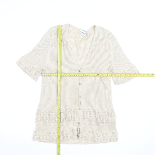 Gollehaug Women Beige Knit Short Sleeve V-Neck Blouse Size 16