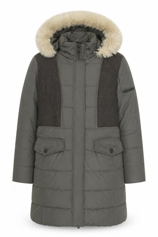 Front view of 7 For All Mankind Men's Green Long Hooded Puffer Coat L Wool Blend