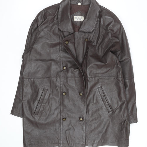Classic Woman Brown Leather Long Coat Size 16 Lined Button Front