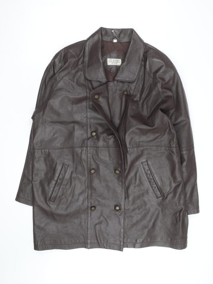 Classic Woman Brown Leather Long Coat Size 16 Lined Button Front
