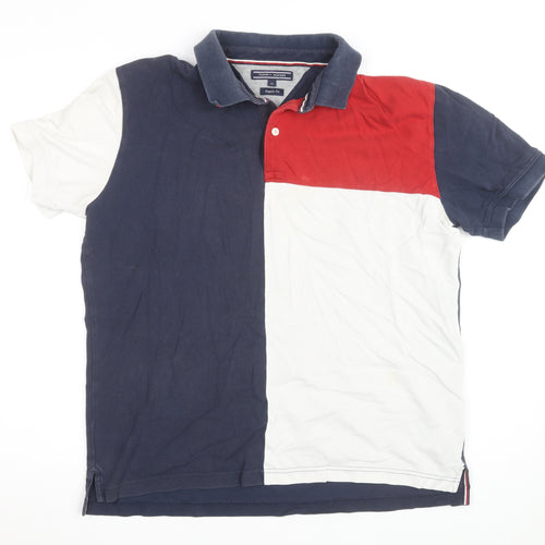 Tommy Hilfiger Men's Blue Red White Colourblock Polo Shirt XL Regular Fit