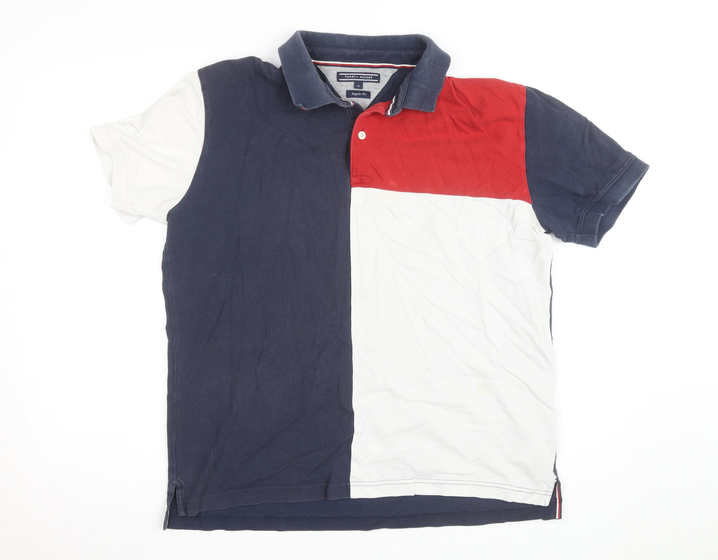 Tommy Hilfiger Men's Blue Red White Colourblock Polo Shirt XL Regular Fit