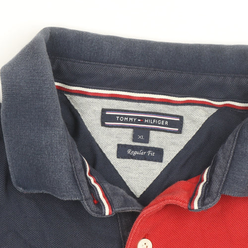 Tommy Hilfiger Men's Blue Red White Colourblock Polo Shirt XL Regular Fit