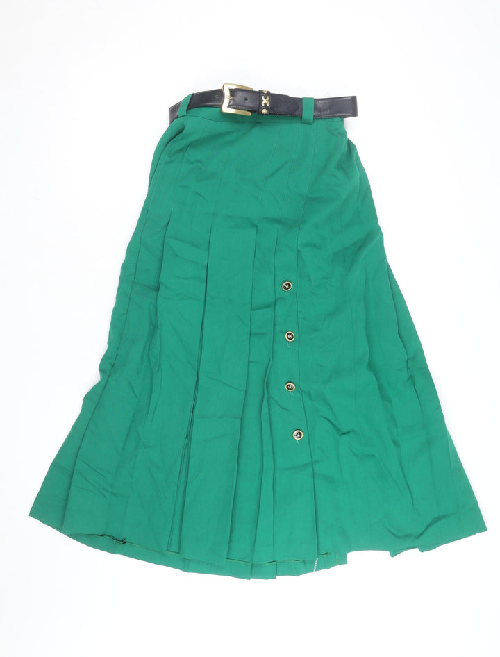 Basler Womens Green Midi Pleated Skirt Size 14 Lined Button Detail