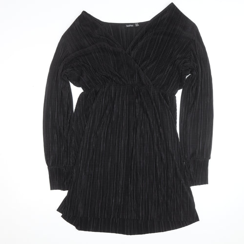 Boohoo Women’s Black Velour Wrap Dress Size 16 Long Sleeve