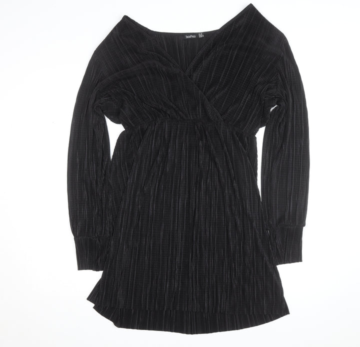 Boohoo Women’s Black Velour Wrap Dress Size 16 Long Sleeve