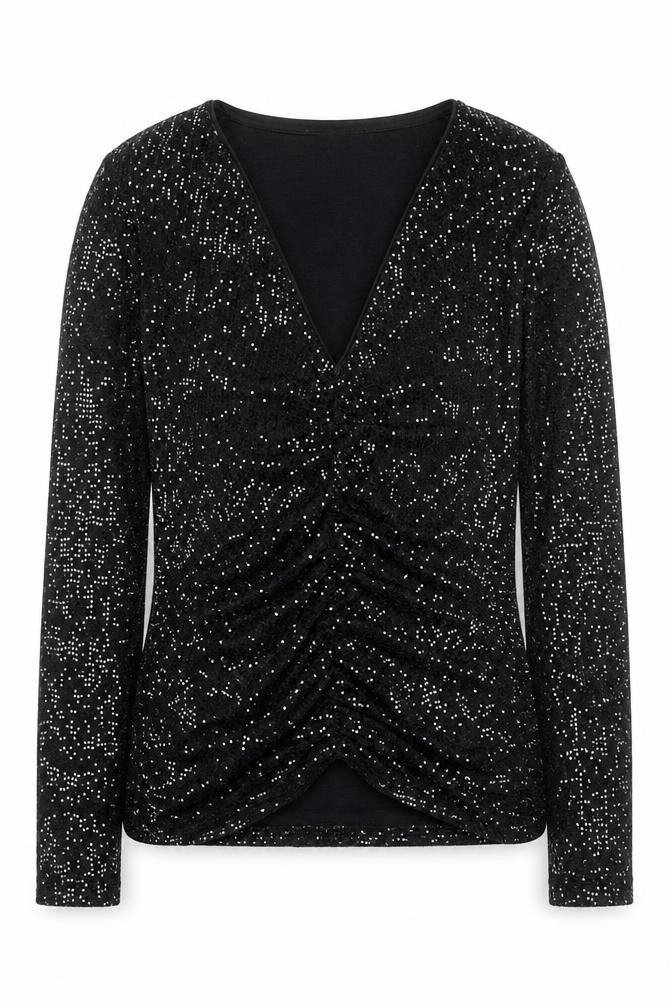Front view of Next Women’s Black Sequin V-Neck Long Sleeve Party Blouse, size UK 14