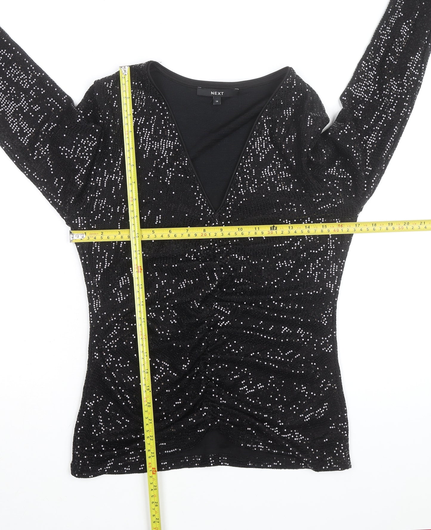 Next Women’s Black Sequin V-Neck Long Sleeve Party Blouse Size 14