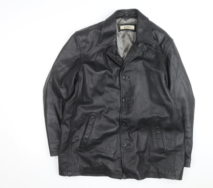 Moto Men's Black Leather Long Overcoat XL Button-Up Lined Jacket