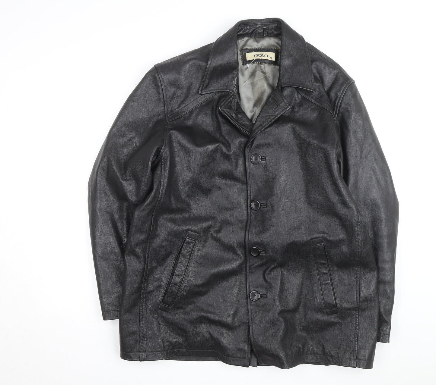 Moto Men's Black Leather Long Overcoat XL Button-Up Lined Jacket