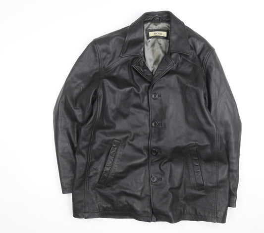 Moto Men's Black Leather Long Overcoat XL Button-Up Lined Jacket