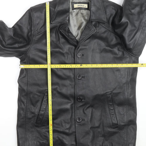 Moto Men's Black Leather Long Overcoat XL Button-Up Lined Jacket