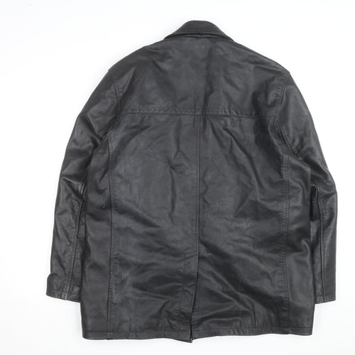 Moto Men's Black Leather Long Overcoat XL Button-Up Lined Jacket