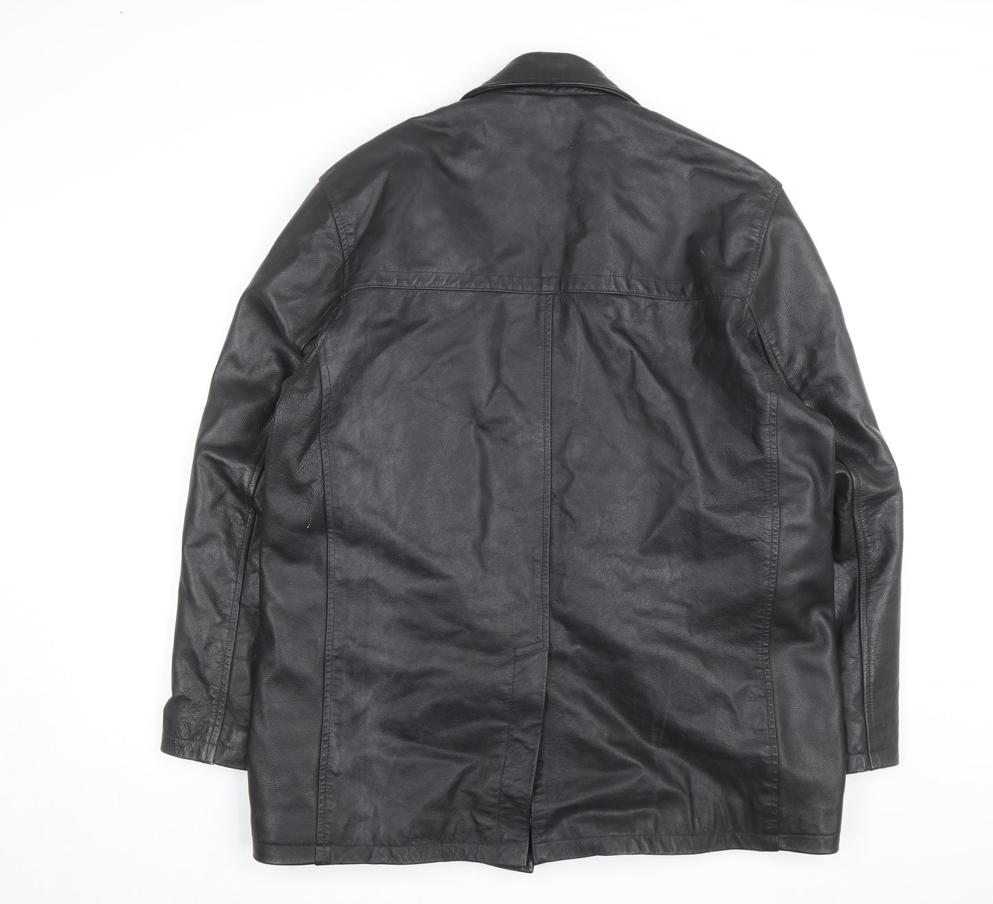 Moto Men's Black Leather Long Overcoat XL Button-Up Lined Jacket