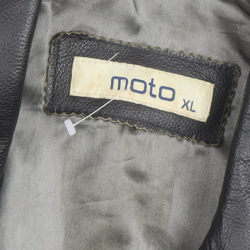 Moto Men's Black Leather Long Overcoat XL Button-Up Lined Jacket