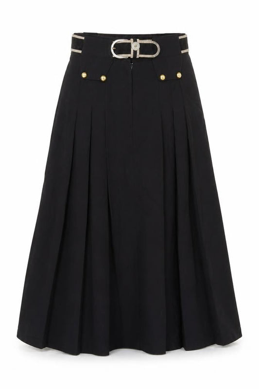 Max Pierre Women's Black Pleated Midi Belted Skirt UK 10