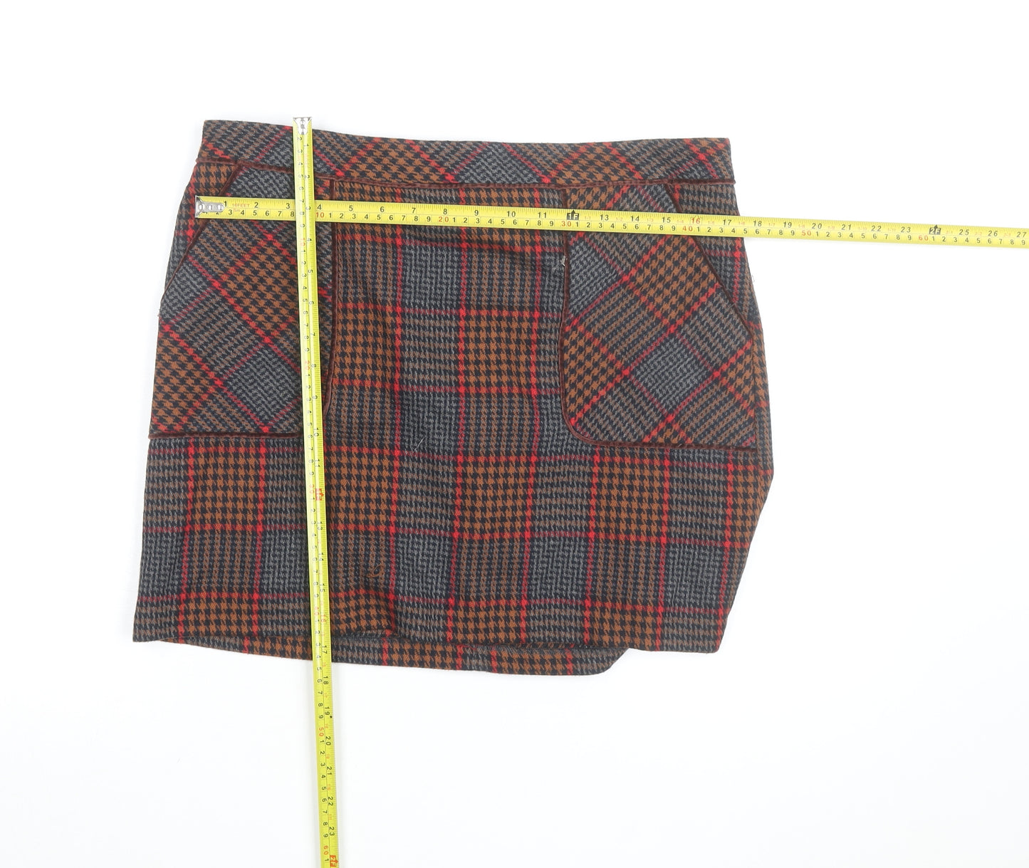 Next Women Brown Check Tweed Short Skirt Size 14 Lined
