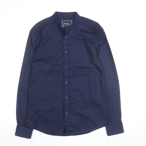 Remus Uomo Jeans Men's Blue Slim Fit Band Collar Long Sleeve Shirt Size 17.5