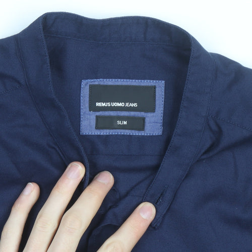 Remus Uomo Jeans Men's Blue Slim Fit Band Collar Long Sleeve Shirt Size 17.5