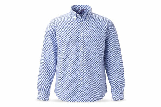 Front view of Tommy Hilfiger Men Blue Check Long Sleeve Button-Up Shirt, size S