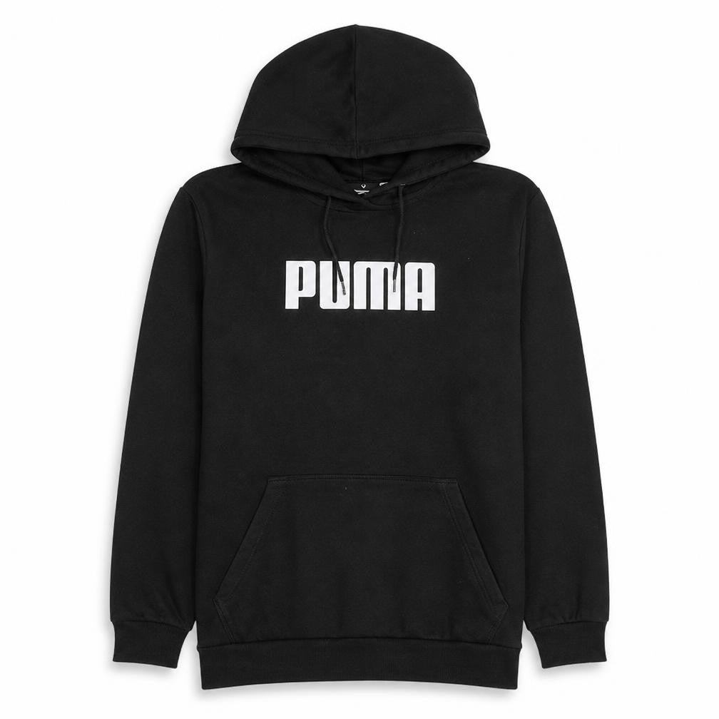 Front view of Puma Men’s Black Pullover Hoodie Medium Logo Fleece Sweatshirt