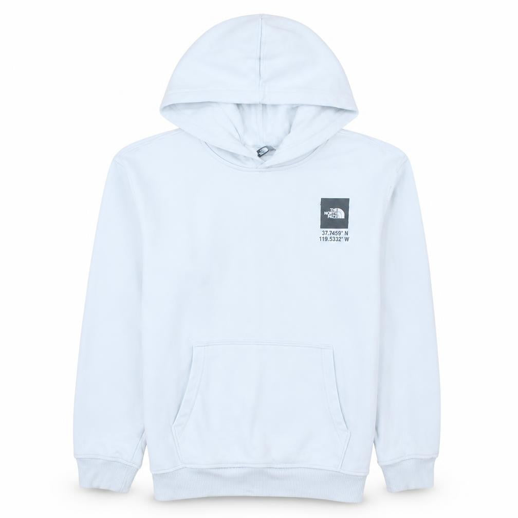 Front view of The North Face boys’ white xl pullover hoodie cotton blend graphic print
