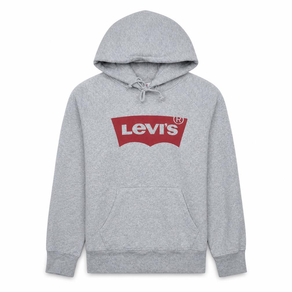 Front view of Levi's men’s grey pullover hoodie xs logo fleece sweatshirt