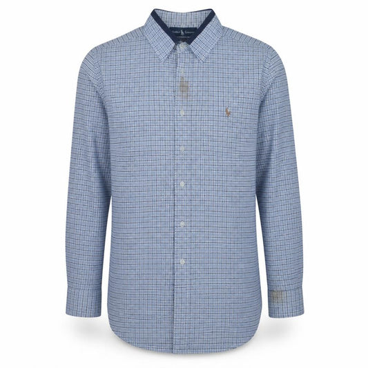 Front view of Ralph Lauren Men’s Blue Check Cotton Yarmouth Button-Down Shirt 15.5