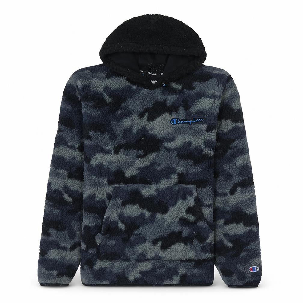 Front view of Champion men’s blue camouflage fleece pullover hoodie, size S