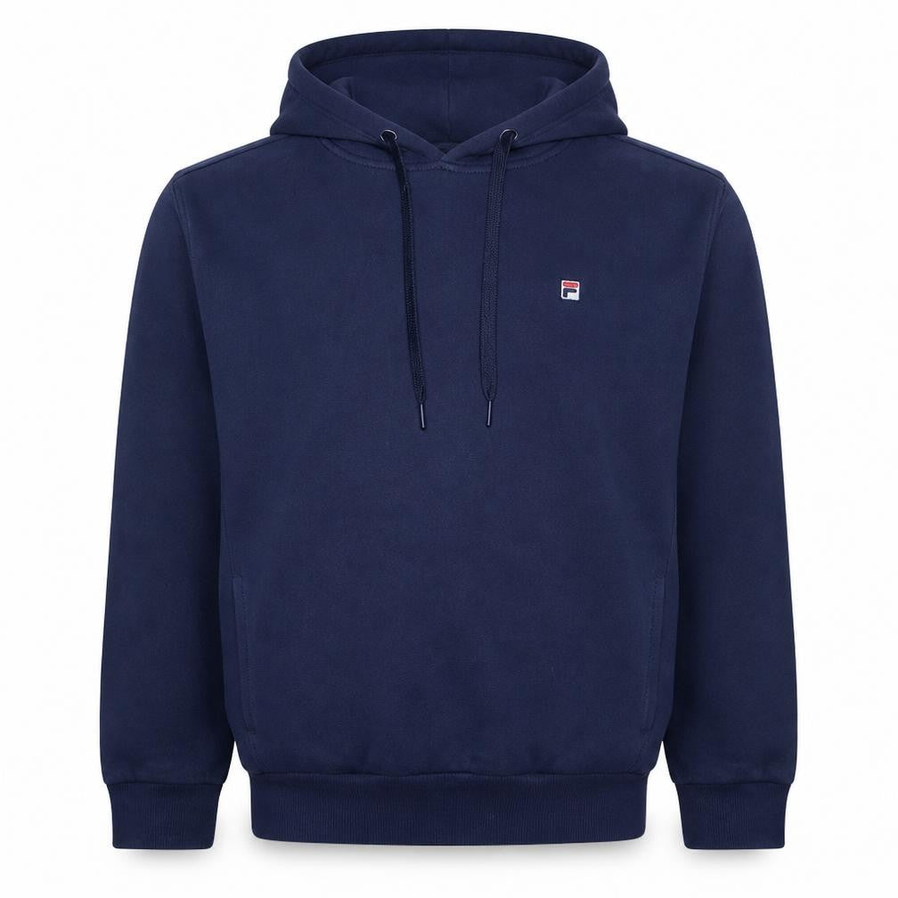 Front view of Fila Men's Blue Pullover Hoodie L Logo Fleece Sweatshirt