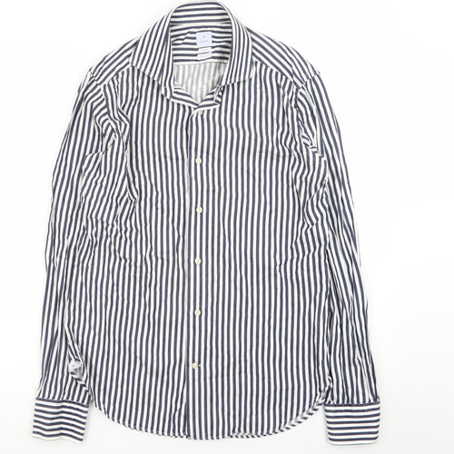Bonser Men's Blue White Striped Slim Fit Cotton Long Sleeve Shirt 15.5in