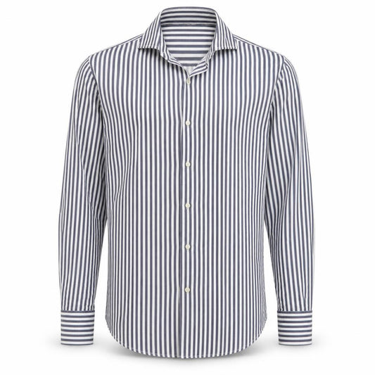 Front view of Bonser Men's Blue White Striped Slim Fit Cotton Long Sleeve Shirt 15.5in