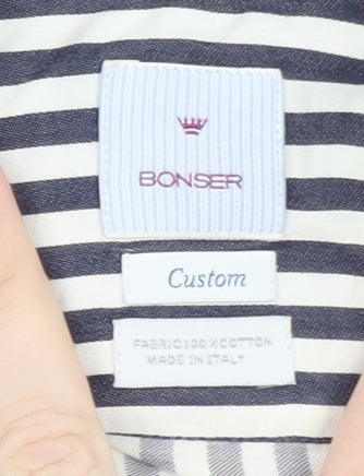Bonser Men's Blue White Striped Slim Fit Cotton Long Sleeve Shirt 15.5in
