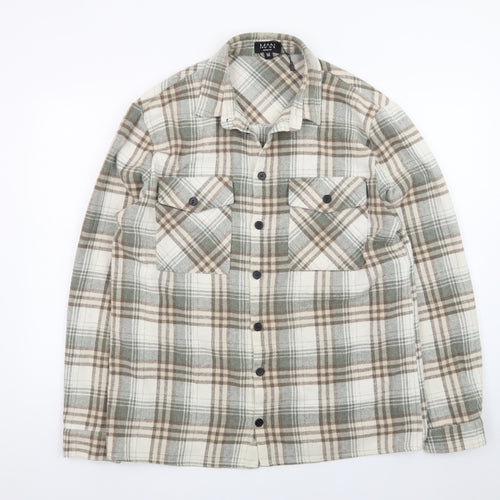 boohooMAN Men's Beige Check Flannel Shirt Jacket Medium Regular Fit