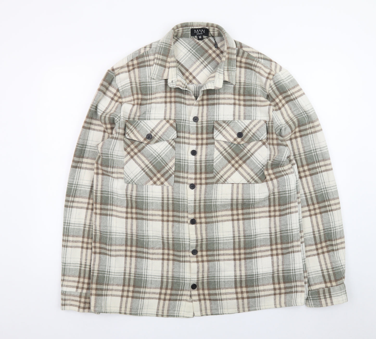boohooMAN Men's Beige Check Flannel Shirt Jacket Medium Regular Fit