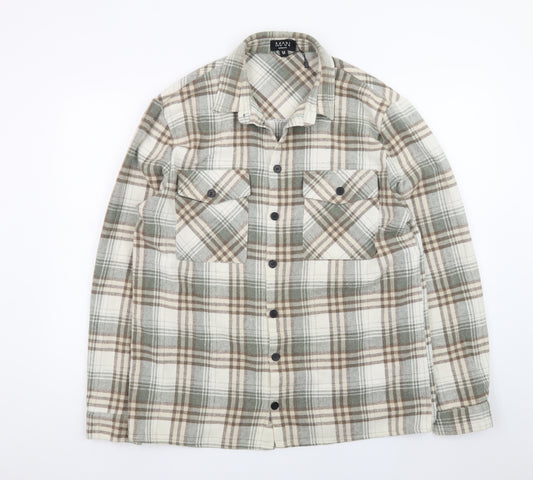 boohooMAN Men's Beige Check Flannel Shirt Jacket Medium Regular Fit