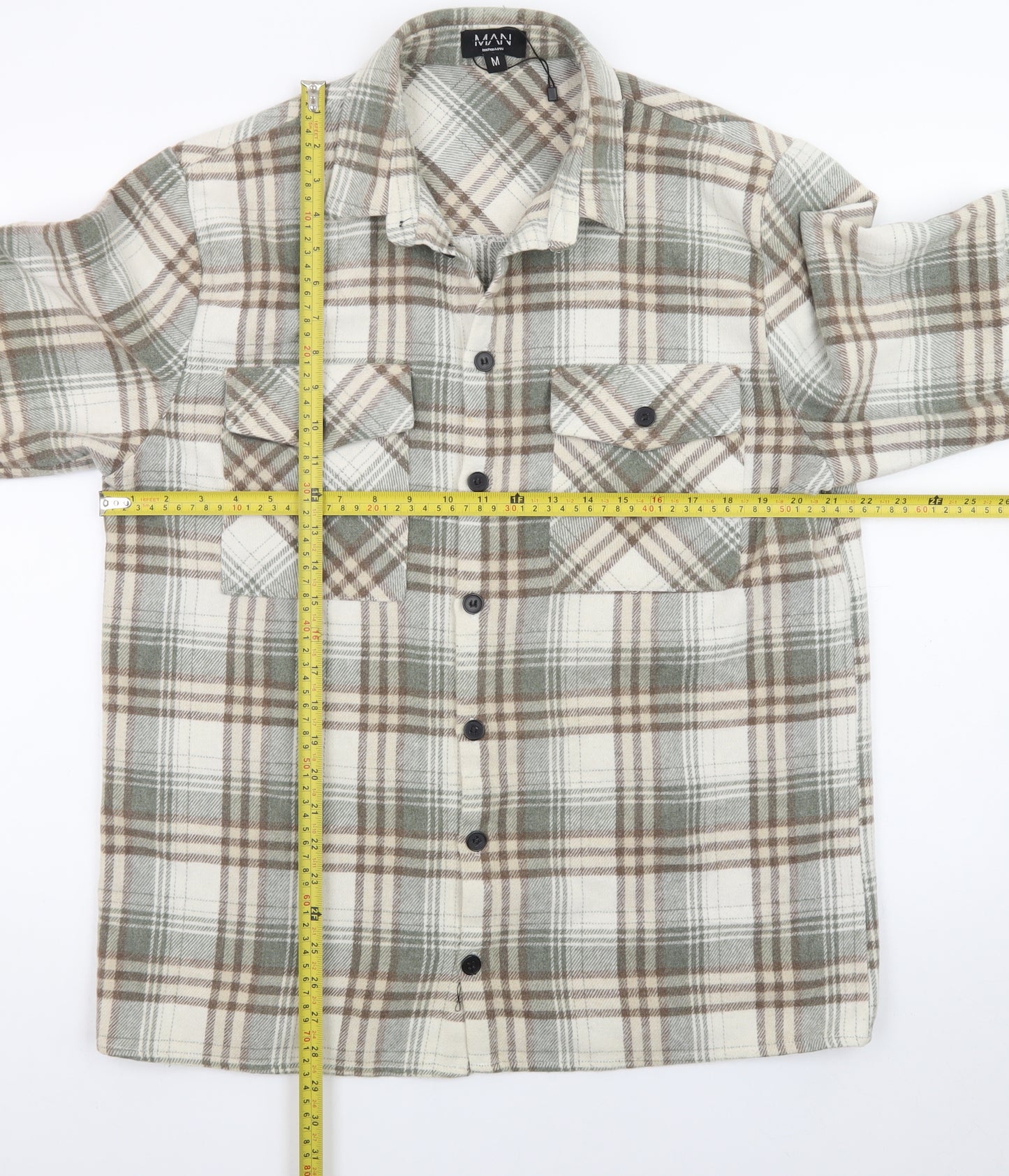 boohooMAN Men's Beige Check Flannel Shirt Jacket Medium Regular Fit
