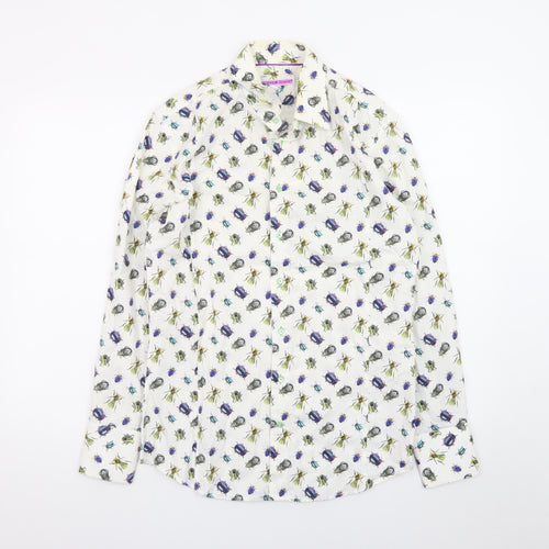 Coton Doux Men's White Bug Print Long Sleeve Cotton Shirt Size 39 15.5