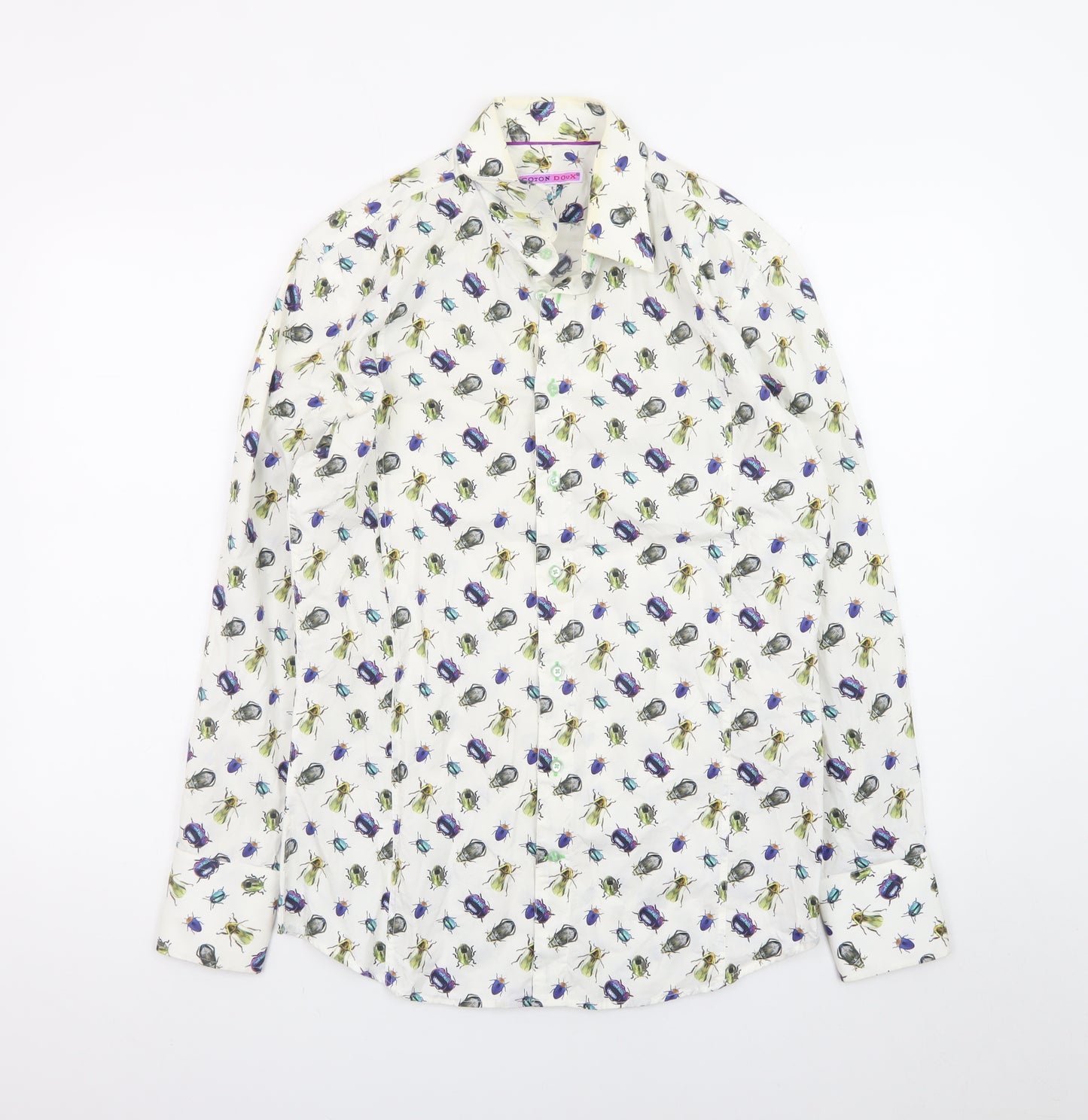 Coton Doux Men's White Bug Print Long Sleeve Cotton Shirt Size 39 15.5