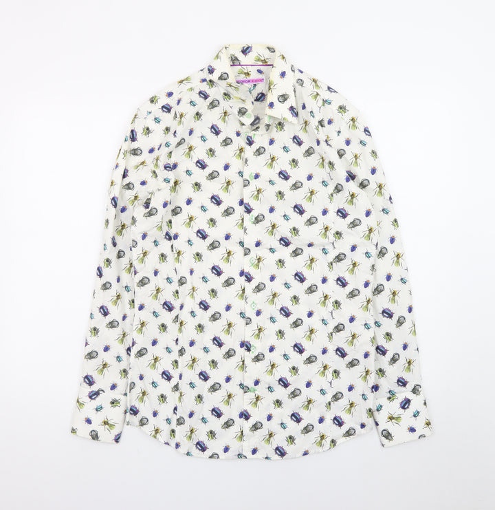 Coton Doux Men's White Bug Print Long Sleeve Cotton Shirt Size 39 15.5