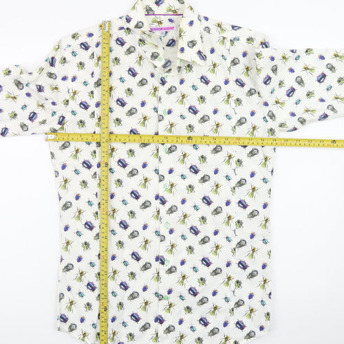 Coton Doux Men's White Bug Print Long Sleeve Cotton Shirt Size 39 15.5