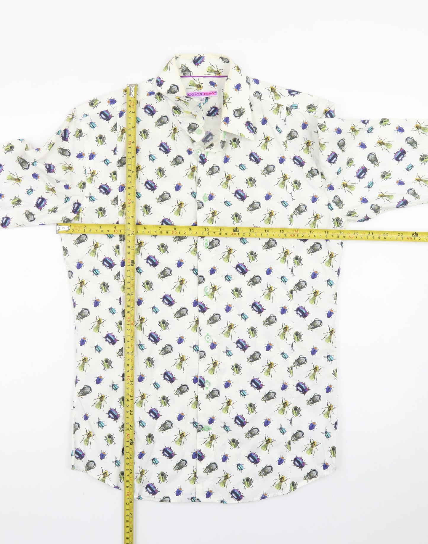 Coton Doux Men's White Bug Print Long Sleeve Cotton Shirt Size 39 15.5