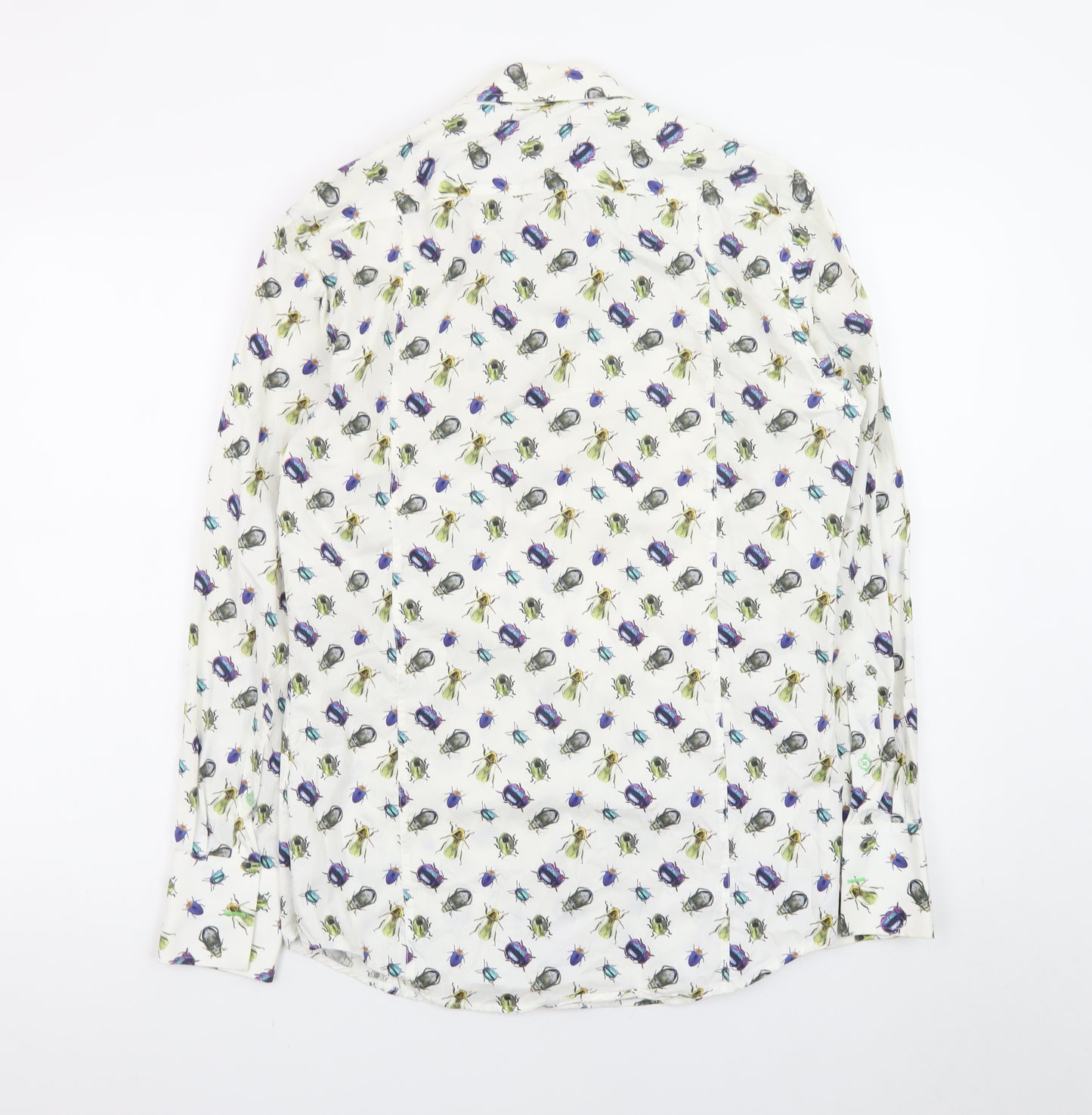 Coton Doux Men's White Bug Print Long Sleeve Cotton Shirt Size 39 15.5