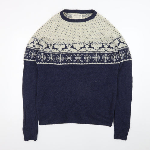 White Stuff Men's Blue Fair Isle Wool Pullover Jumper XL