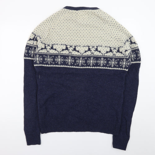 White Stuff Men's Blue Fair Isle Wool Pullover Jumper XL