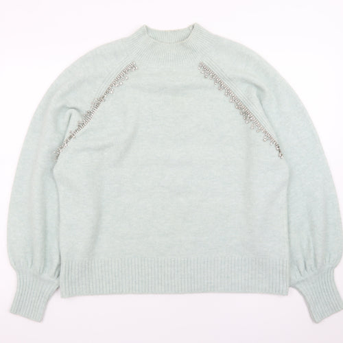 River Island Women's Green Beaded Mock Neck Jumper UK 14
