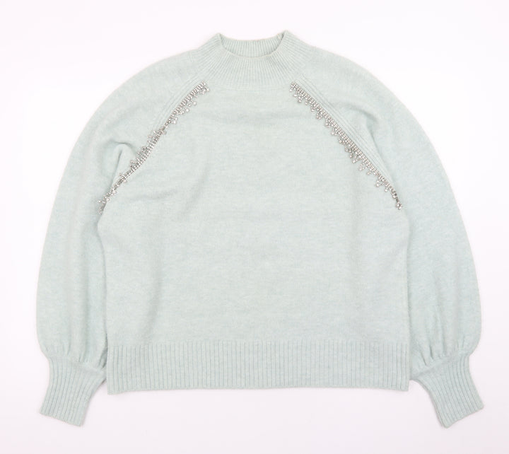 River Island Women's Green Beaded Mock Neck Jumper UK 14