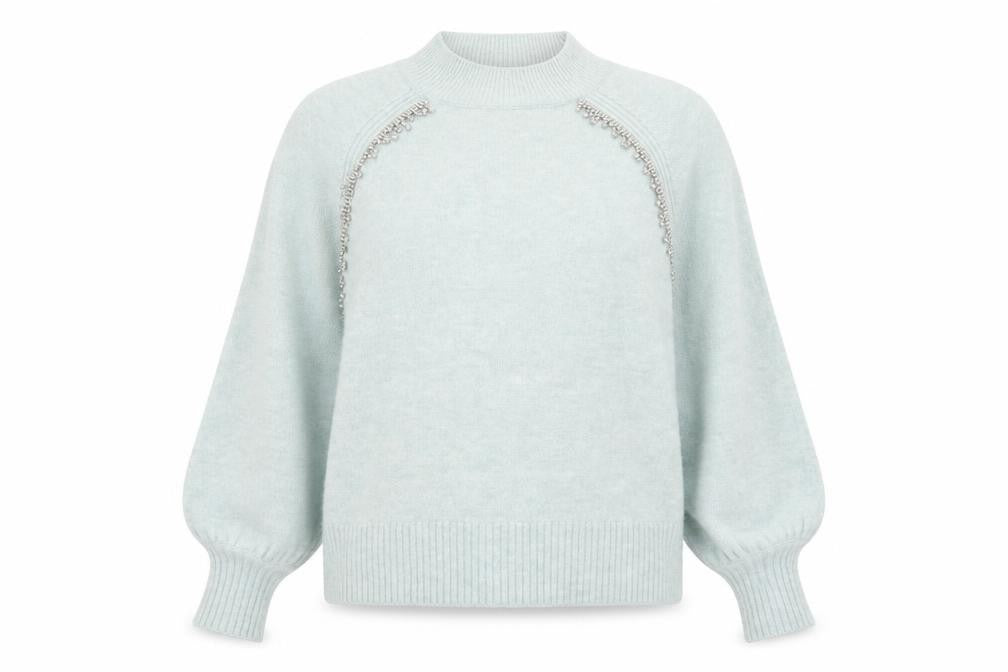 Front view of River Island Women's Green Beaded Mock Neck Jumper UK 14