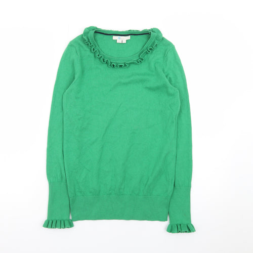 Boden Women's Green Ruffle Crew Neck Wool Cotton Jumper Size 8